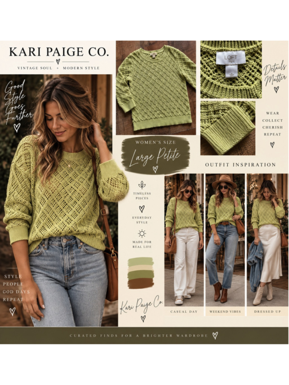 Women's LOFT Petite Green Crew Neck Sweater LP F26